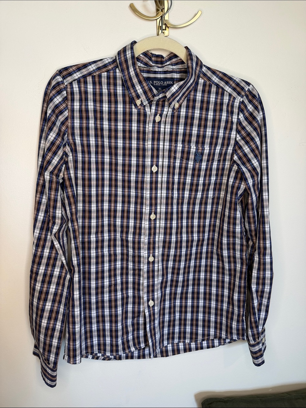 U.S. Polo Assn. Navy, White & Brown Plaid Button-Down Shirt